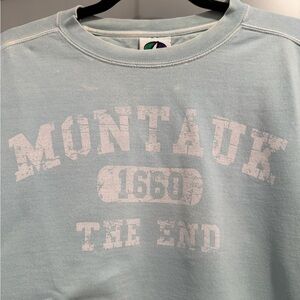 Vintage MONTAUK The End Avalon Light Blue Mint Distressed Crew Neck Sweatshirt